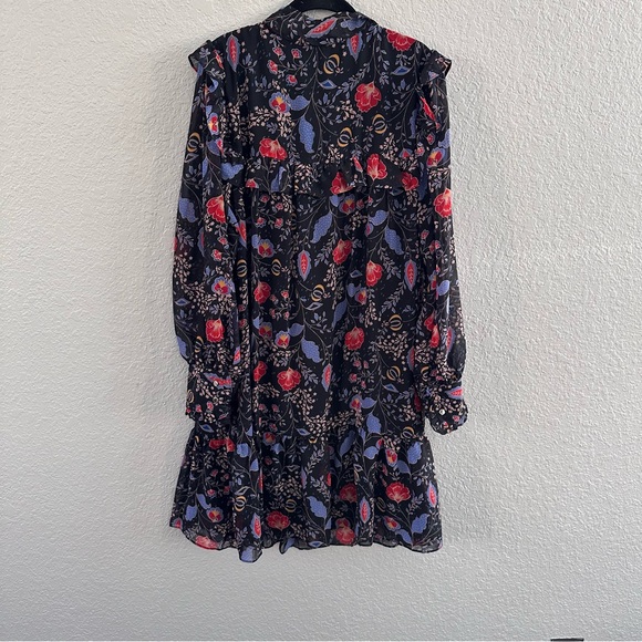 Romantic Floral Tie Neck Dress Black Sheer Sleeve Ruffle Boho - Size 14 - Picture 9 of 13